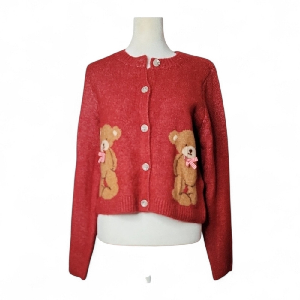 Red Teddy Bear Button-Up Sweater